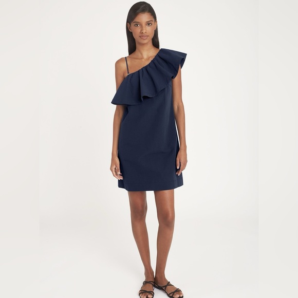 ✨HP✨ Cuyana Seersucker One Shoulder Ruffle Dress Navy - Picture 1 of 7